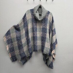 Plaid Cowl Neck Poncho Womens One Size Gray Blue Fringe Knit Shawl Cape Cozy